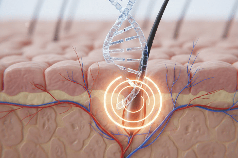 Clinical visualization of Polynucleotide DNA fractions stimulating cellular repair and vascularity in the hair follicle