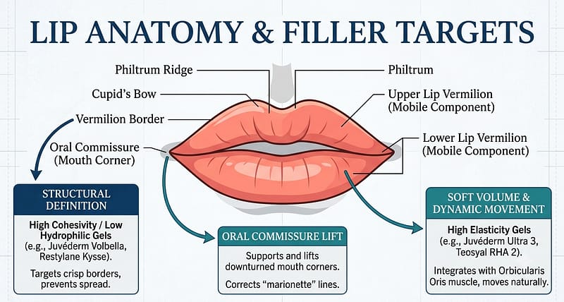 Clinical graphic illustrating lip filler rheology application across facial anatomy vectors. It details using high-cohesivity, low-hydrophilic gels like Juvéderm Volbella and Restylane Kysse for sharp Cupid's bow definition, alongside high-elasticity gels like Teosyal RHA 2 inside the orbicularis oris muscle for dynamic movement.
